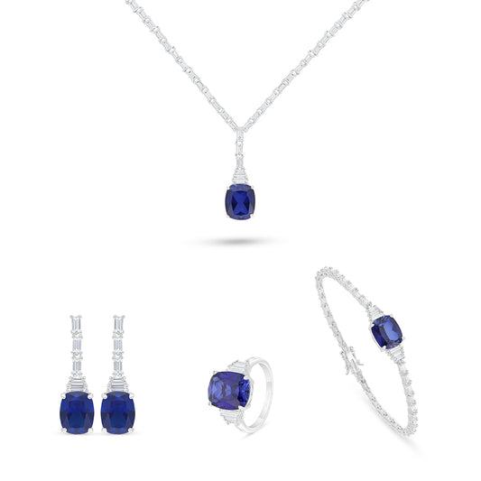 Sterling Silver 925 SET Rhodium Plated Embedded With Sapphire Corundum And White Zircon