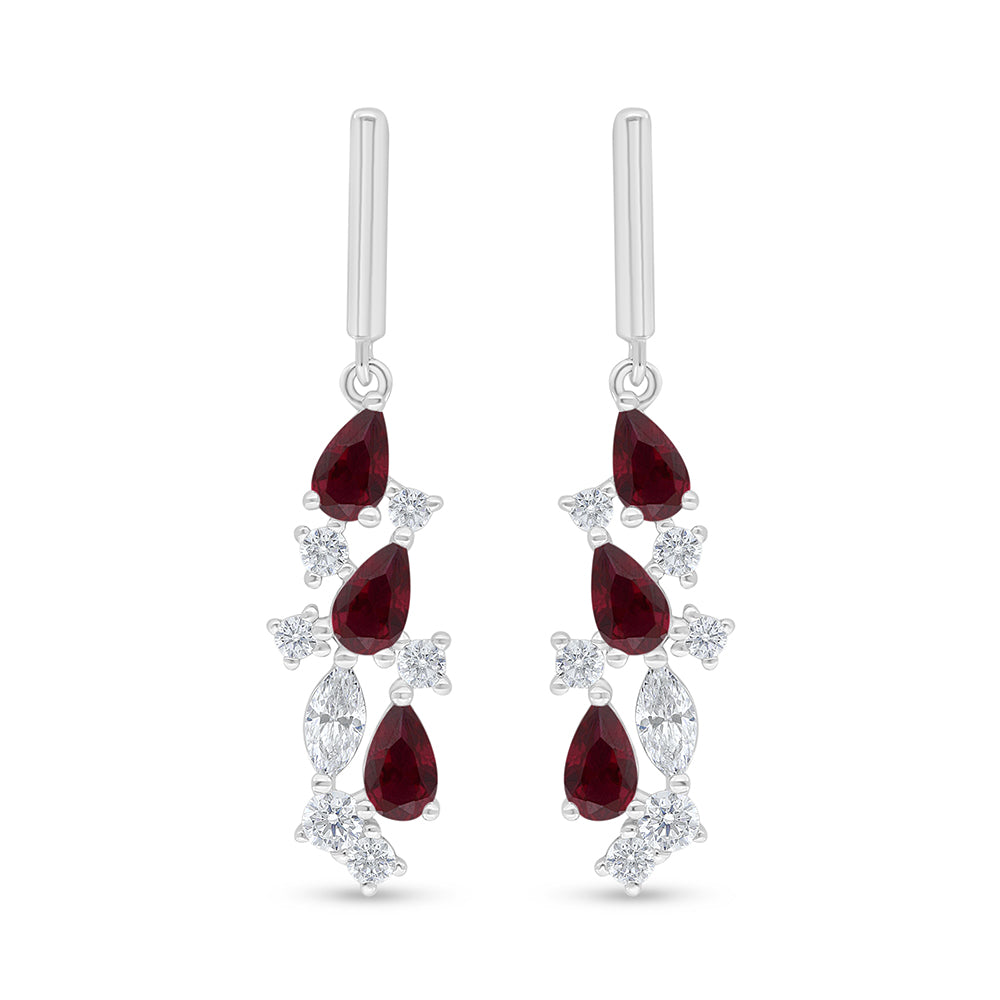 Sterling Silver 925 Earring Rhodium Plated Embedded With Ruby Corundum And White Zircon