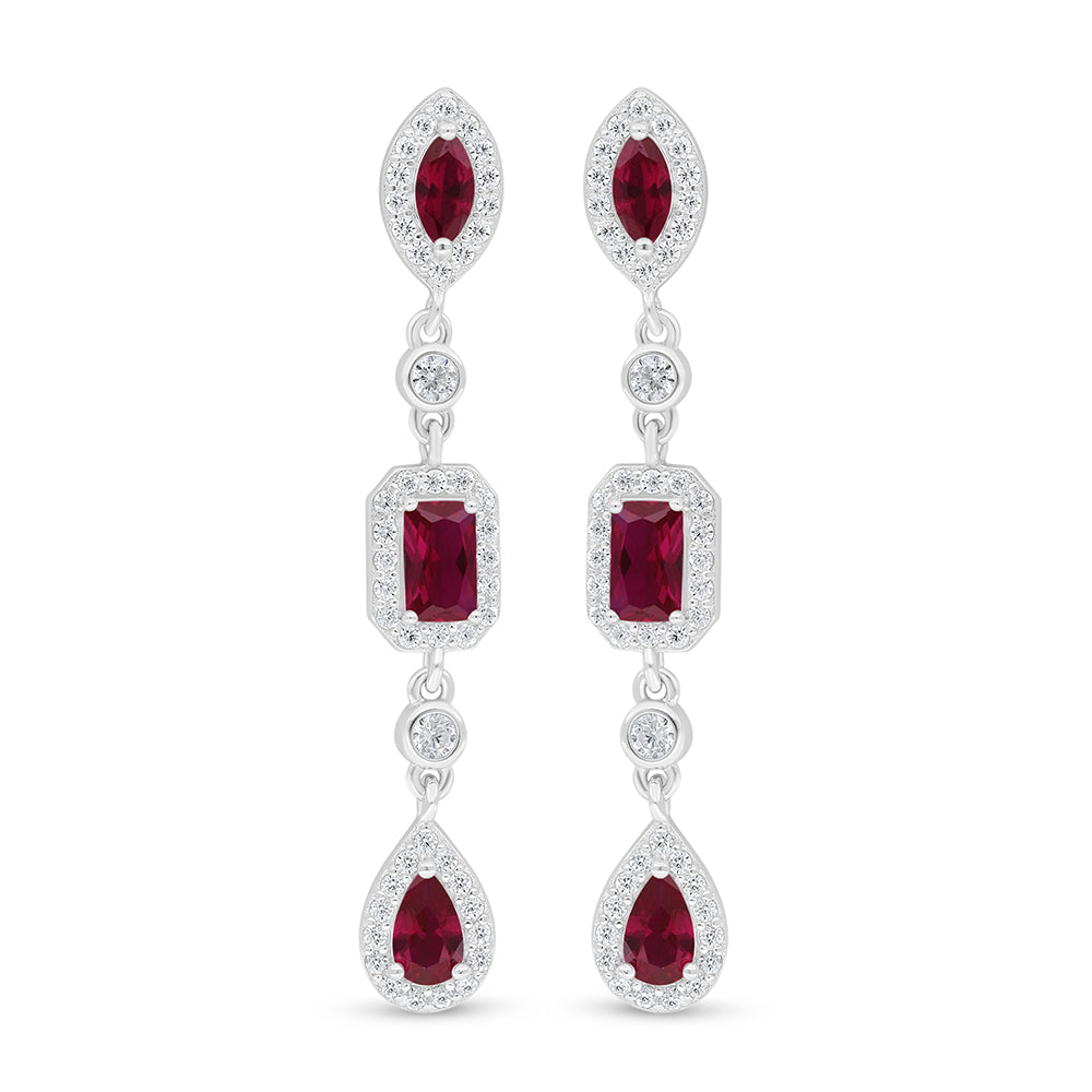Sterling Silver 925 Earring Rhodium Plated Embedded With Ruby Corundum And White Zircon