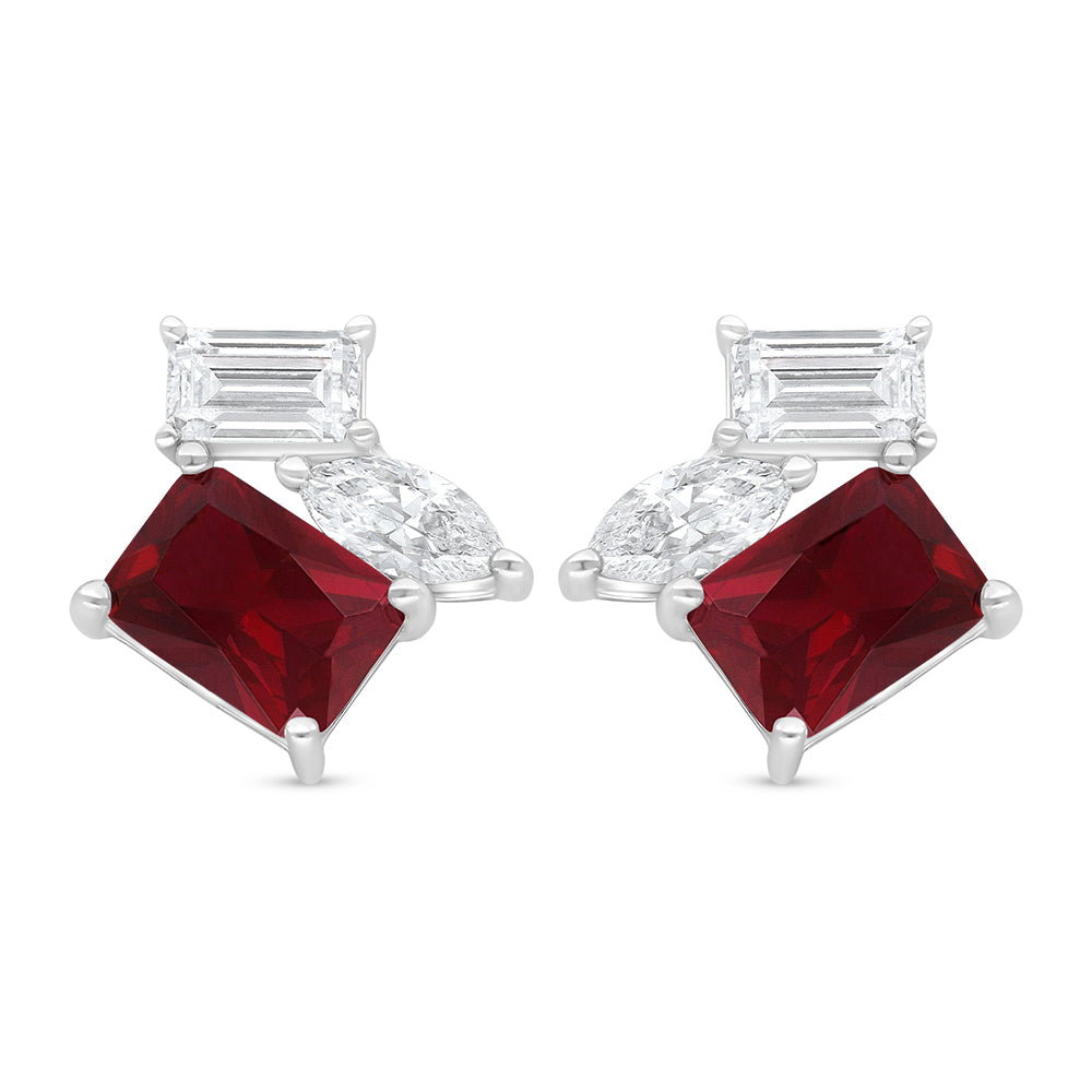 Sterling Silver 925 Earring Rhodium Plated Embedded With Ruby Corundum And White Zircon