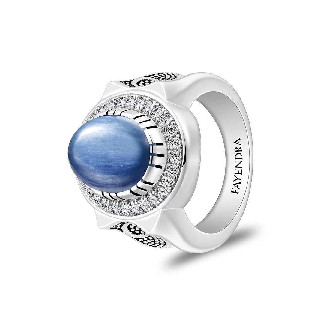 خاتم رجالي من الفضة الخالصة عيار 925 مطلي روديوم و اسود مرصع احجار كيانيت طبيعي كابشون و فص ابيض