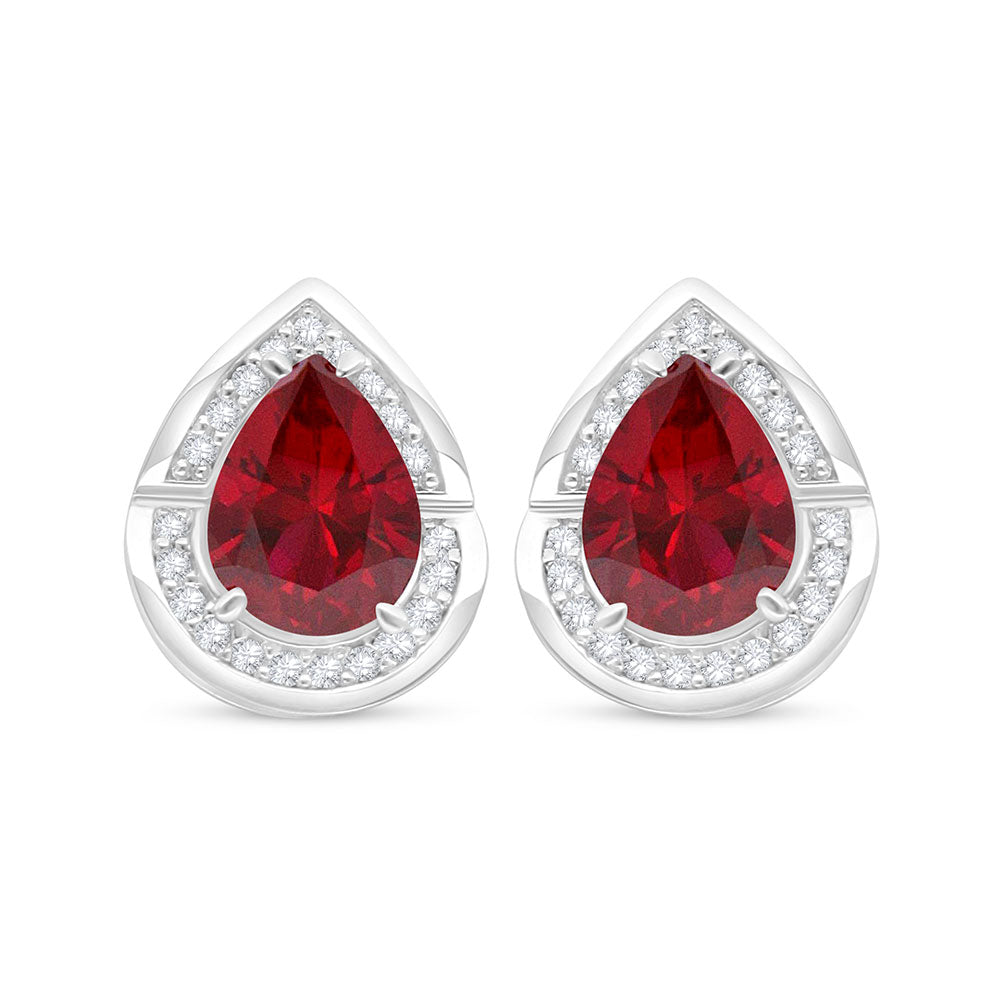 Sterling Silver 925 Earring Rhodium Plated Embedded With Ruby Corundum And White Zircon