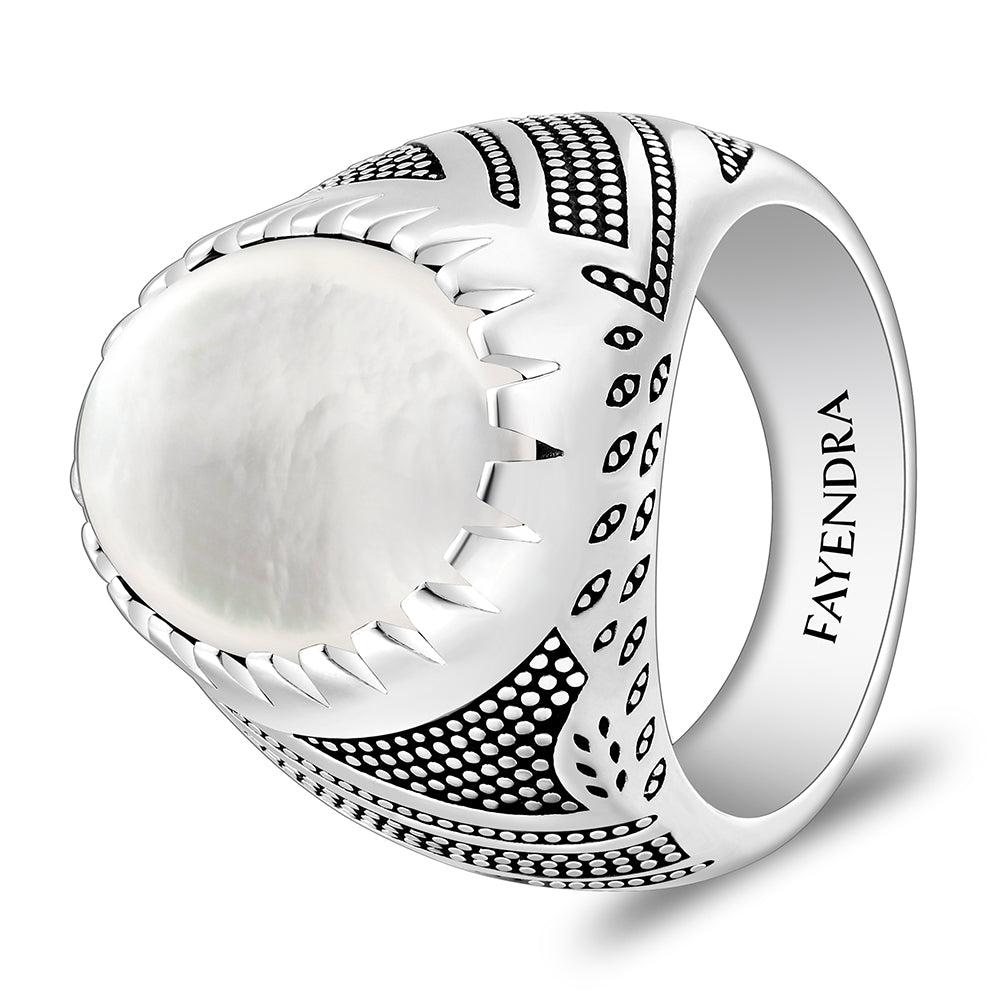 خاتم رجالي من الفضة الخالصة عيار 925 مطلي روديوم و اسود مرصع احجار صدف ابيض كابشون