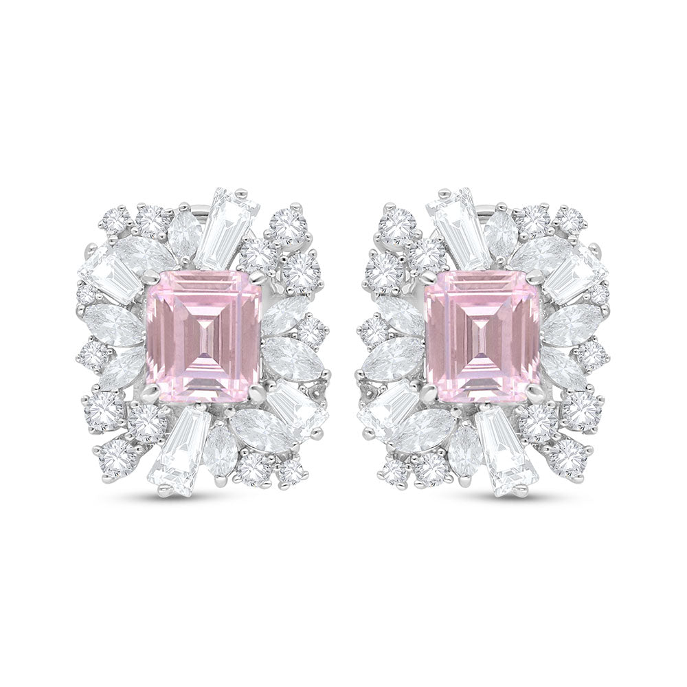Sterling Silver 925 Earring Rhodium Plated Embedded With pink Zircon And White Zircon