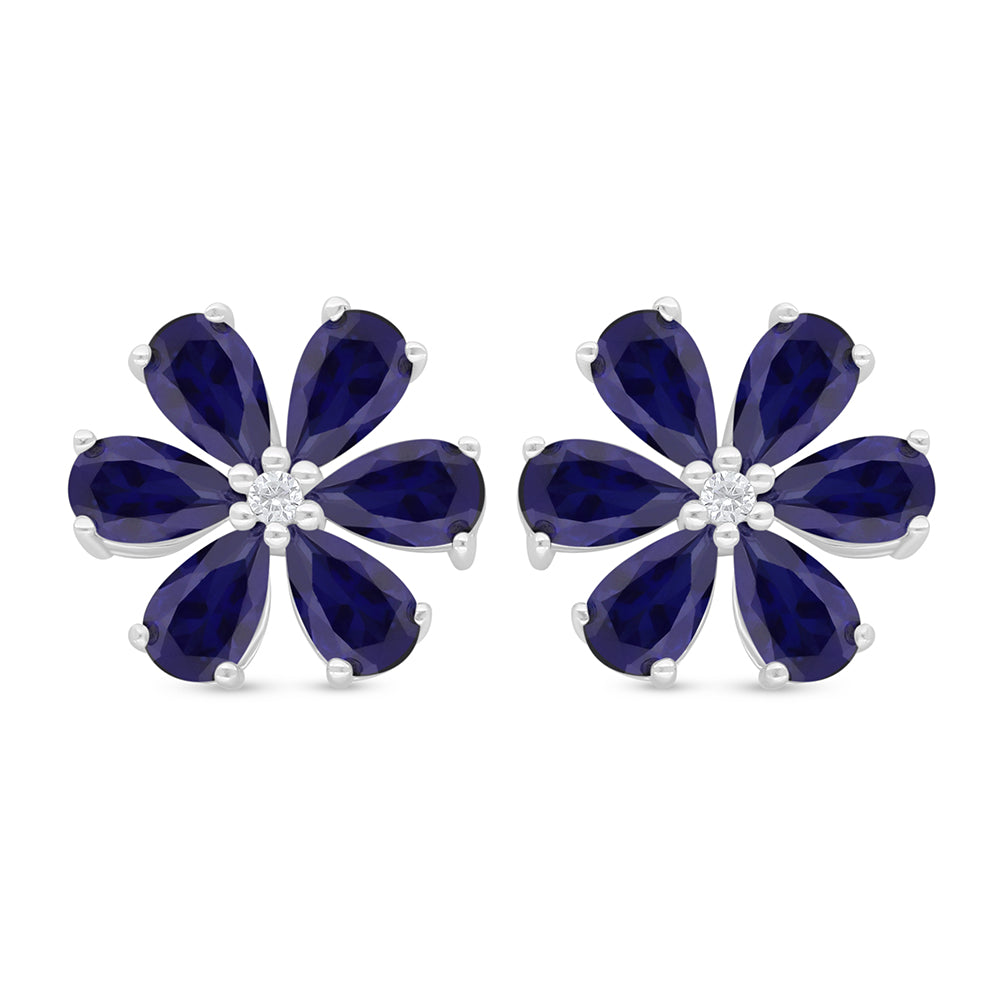 Sterling Silver 925 Earring Rhodium Plated Embedded With Sapphire Corundum And White Zircon