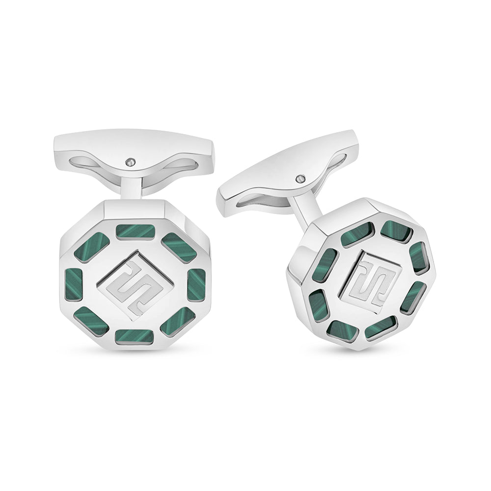Stainless Steel Cufflink 316L Embedded With Malachite Matt Steel
