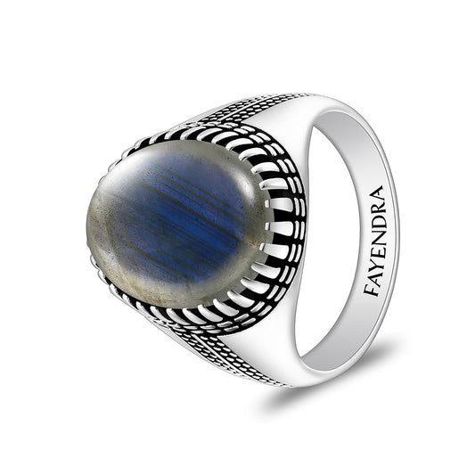 Sterling Silver 925 Ring Rhodium And Black Plated Embedded With Labrodite Cabochon For Men