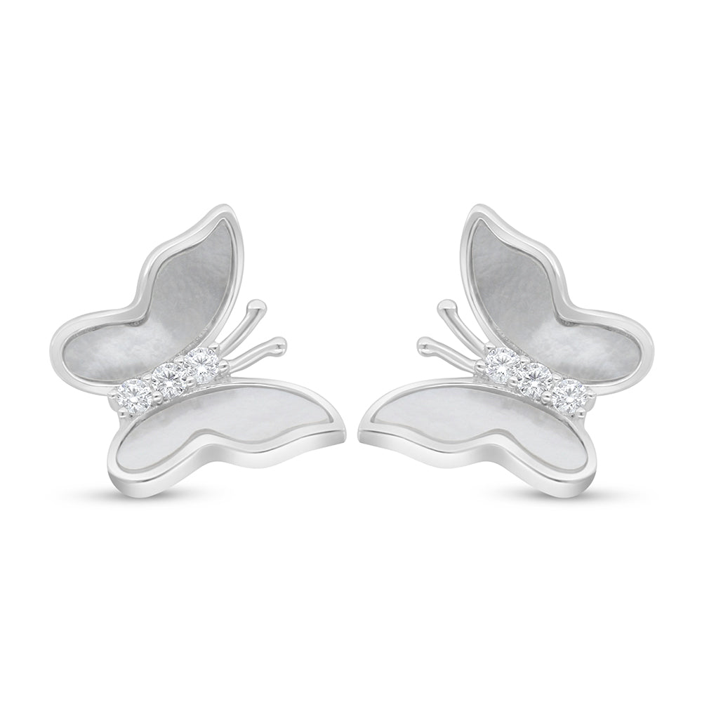 Sterling Silver 925 Earring Rhodium Plated Embedded With White Shell And White Zircon