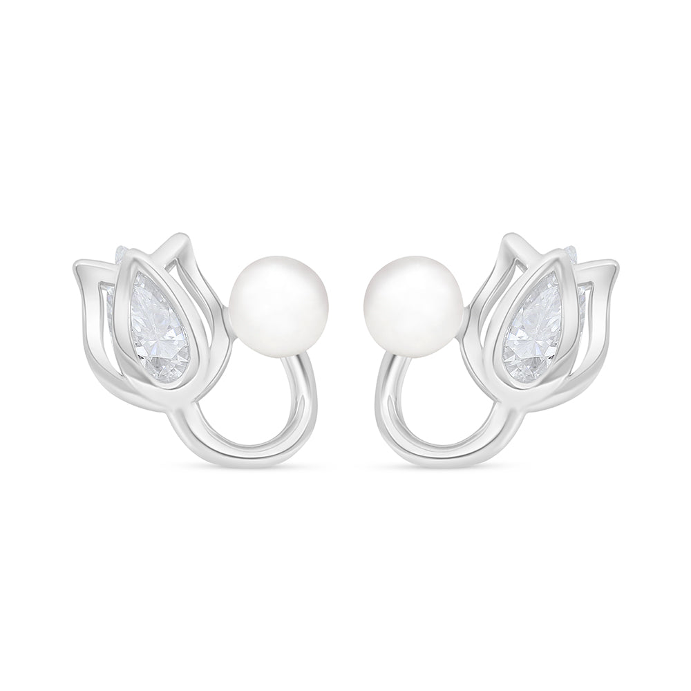 Sterling Silver 925 Earring Rhodium Plated Embedded With Natural White Pearl And White Zircon