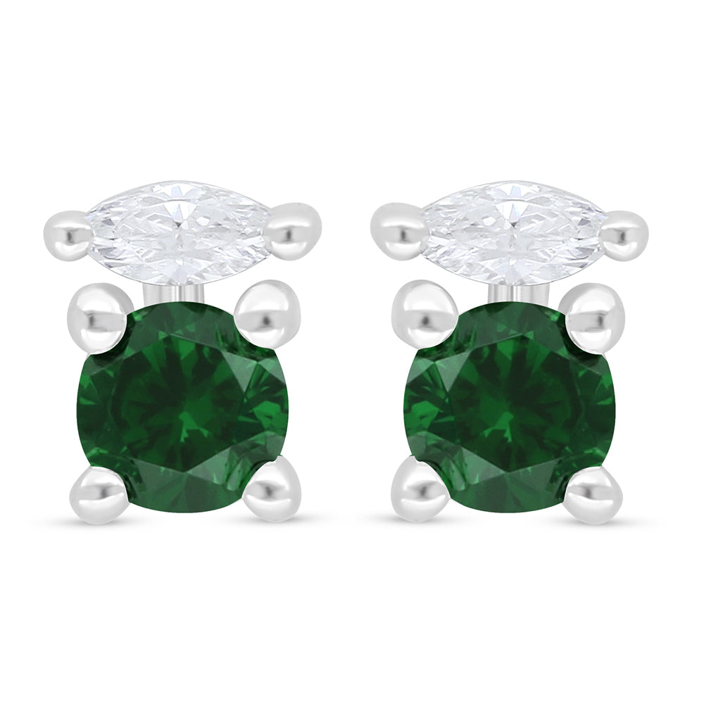 Sterling Silver 925 Earring Rhodium Plated Embedded With Emerald Zircon And White Zircon