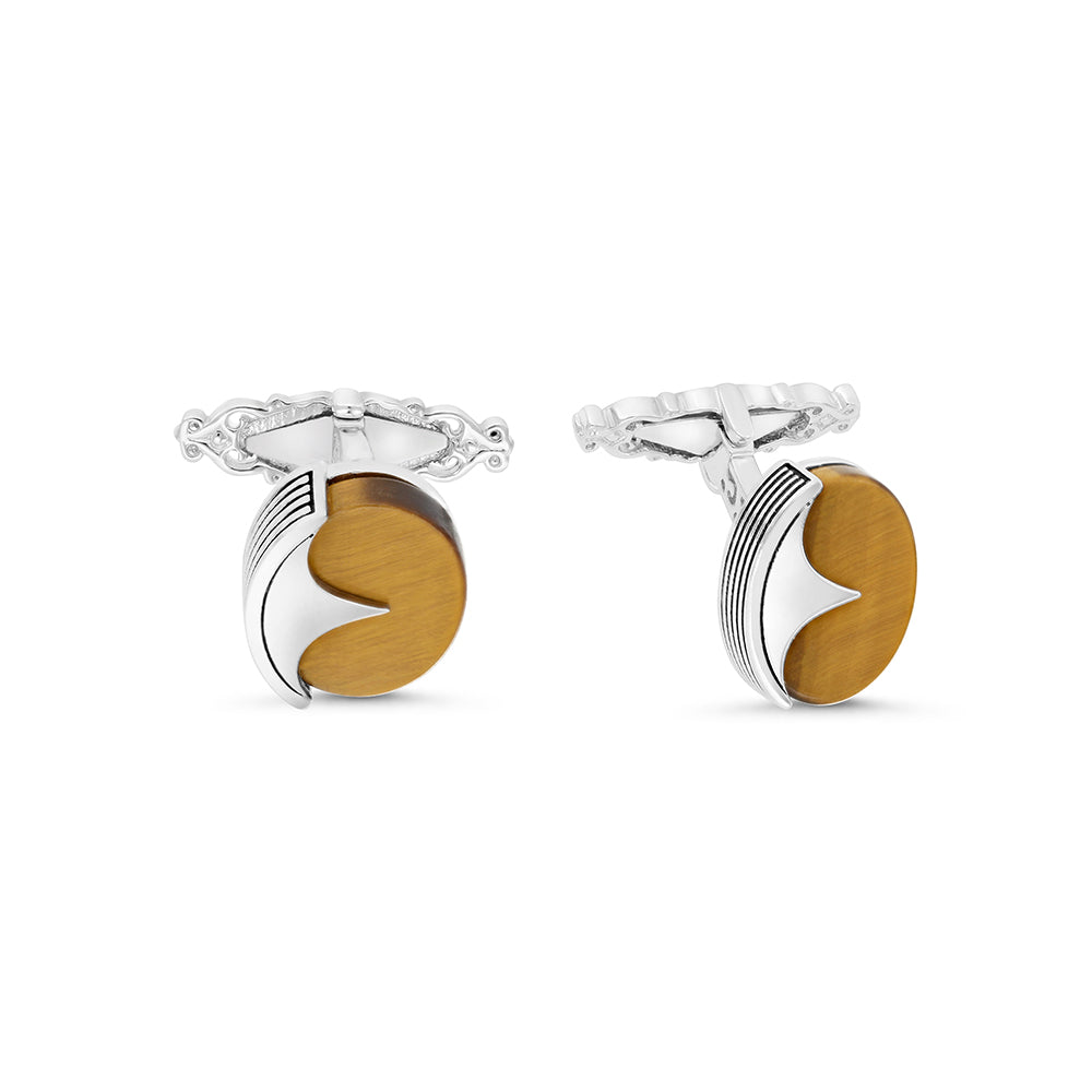 Sterling Silver 925 Cufflink Rhodium And Black Plated Embedded With Yellow Tiger Eye Flat Stone