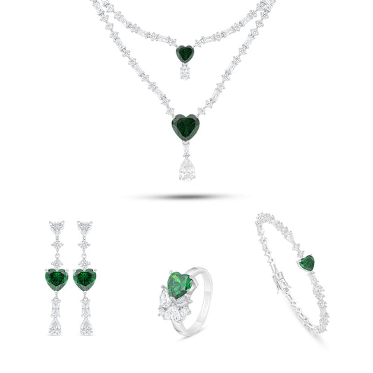طقم من الفضة الخالصة عيار 925 مطلي روديوم مرصع احجار زركون زمردي و فص ابيض