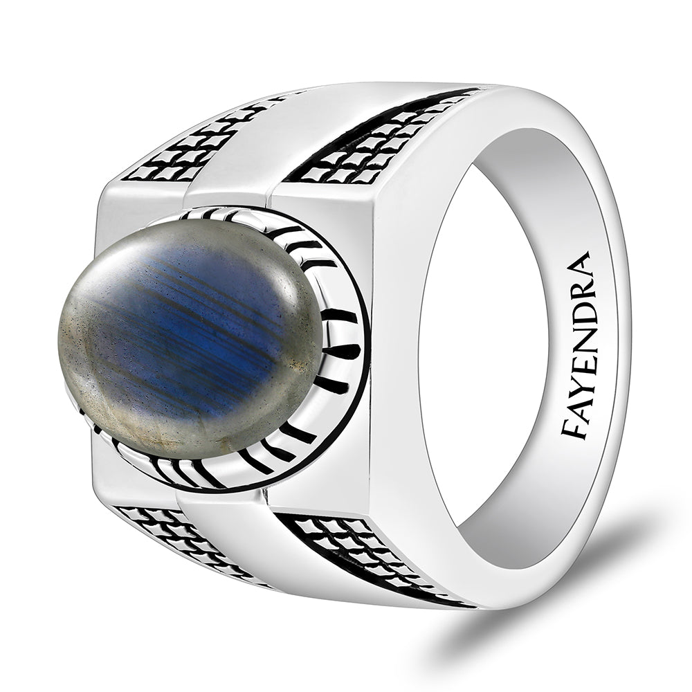 Sterling Silver 925 Ring Rhodium And Black Plated Embedded With Labradorite Cabochon For Men