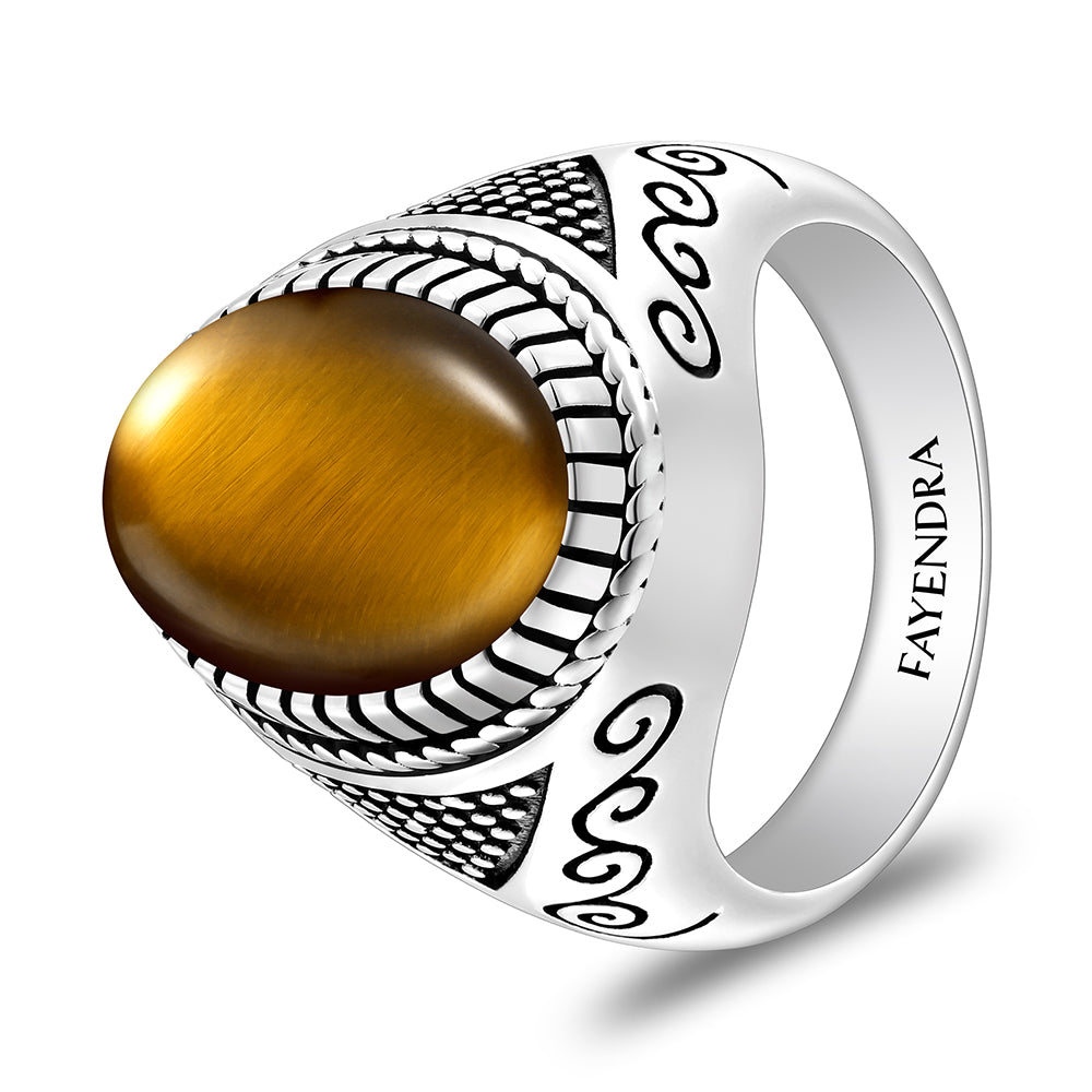 خاتم رجالي من الفضة الخالصة عيار 925 مطلي روديوم و اسود مرصع عين النمر اصفر كابشون