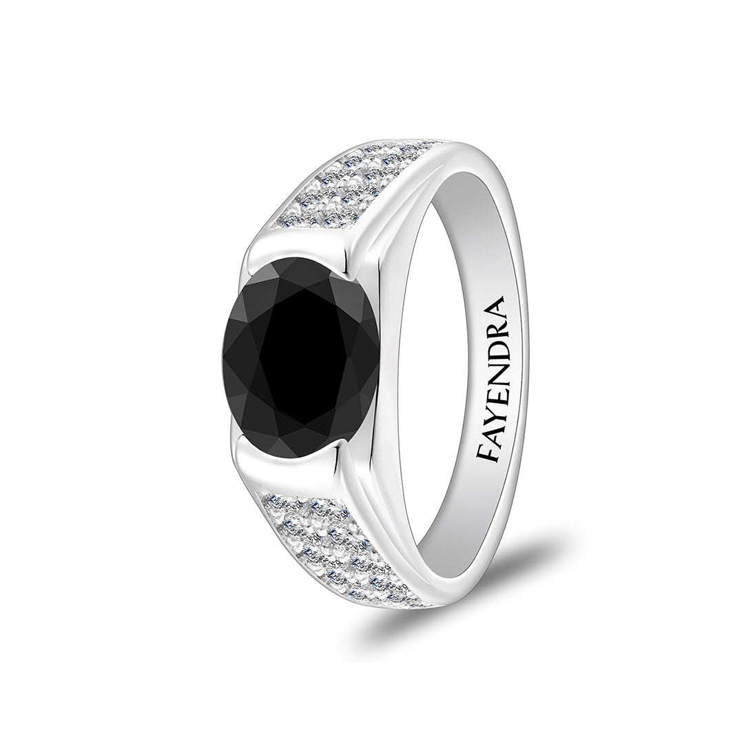Sterling Silver 925 Ring Rhodium Plated Embedded With Black Spinal And White Zircon For Men