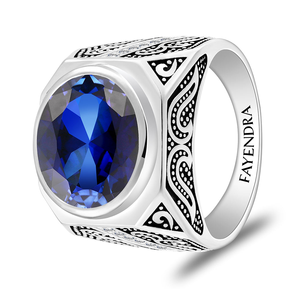 خاتم رجالي من الفضة الخالصة عيار 925 مطلي روديوم و اسود مرصع احجار زفير كروندوم و فص ابيض