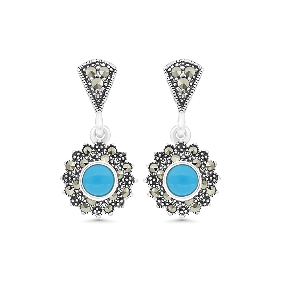 Sterling Silver 925 Earring Embedded With Natural Processed Turquoise And Marcasite Stones
