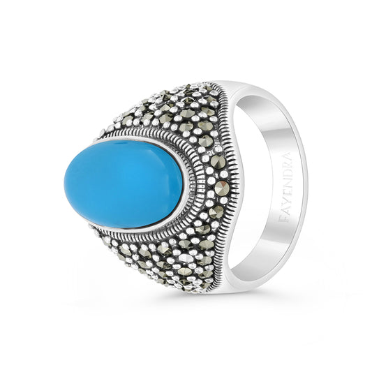 Sterling Silver 925 Ring Embedded With Natural Processed Turquoise And Marcasite Stones For Men