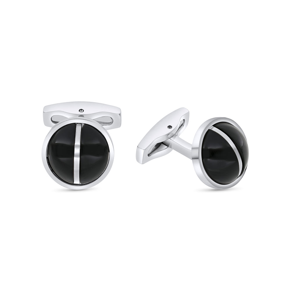 Stainless Steel Cufflink 316L Silver Plated Embedded With Black Agate