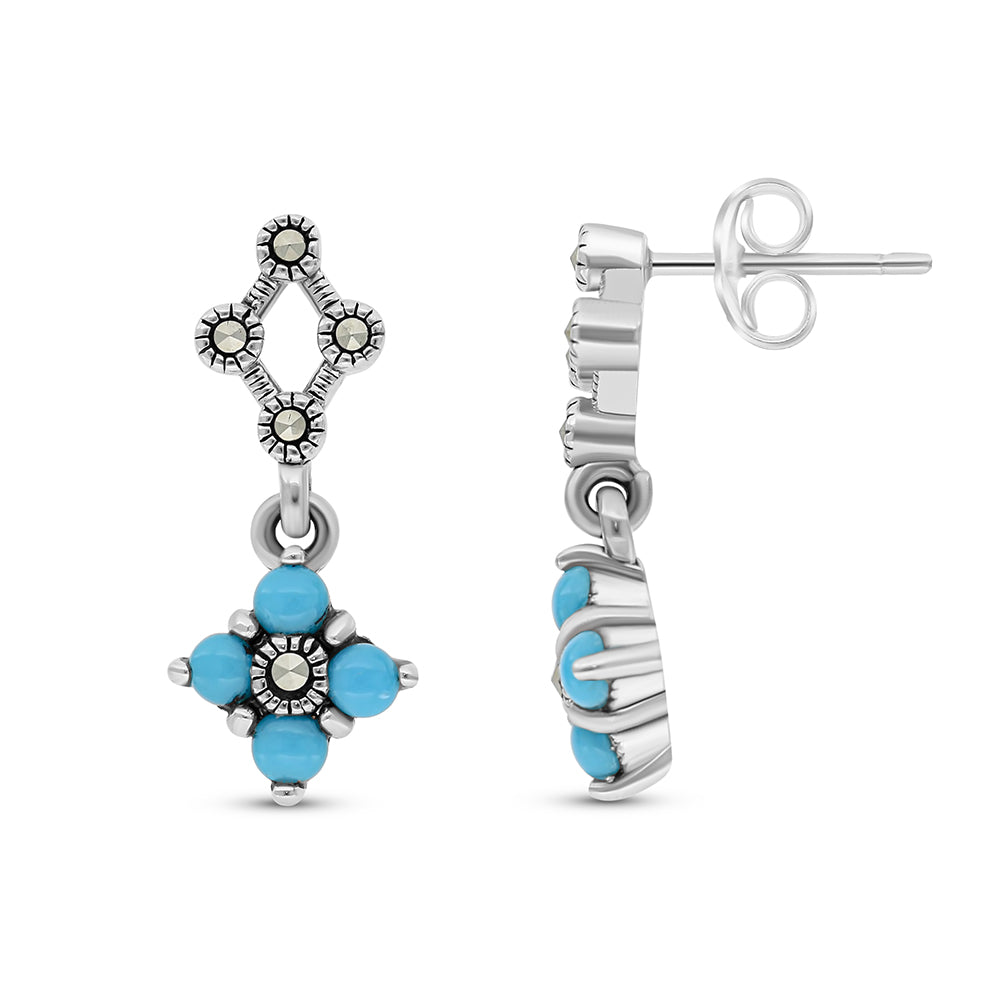 Sterling Silver 925 Earring Embedded With Natural Processed Turquoise And Marcasite Stones