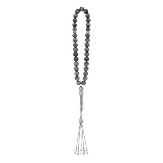 Rosary bead with 33 natural prayer beads and oxidized silver accents, perfect for personal reflection and prayer.