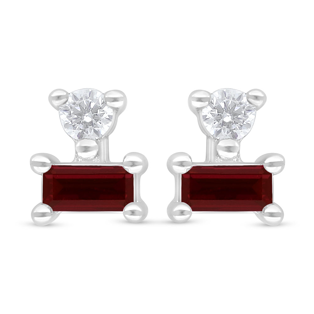 Sterling Silver 925 Earring Rhodium Plated Embedded With Ruby Corundum And White Zircon