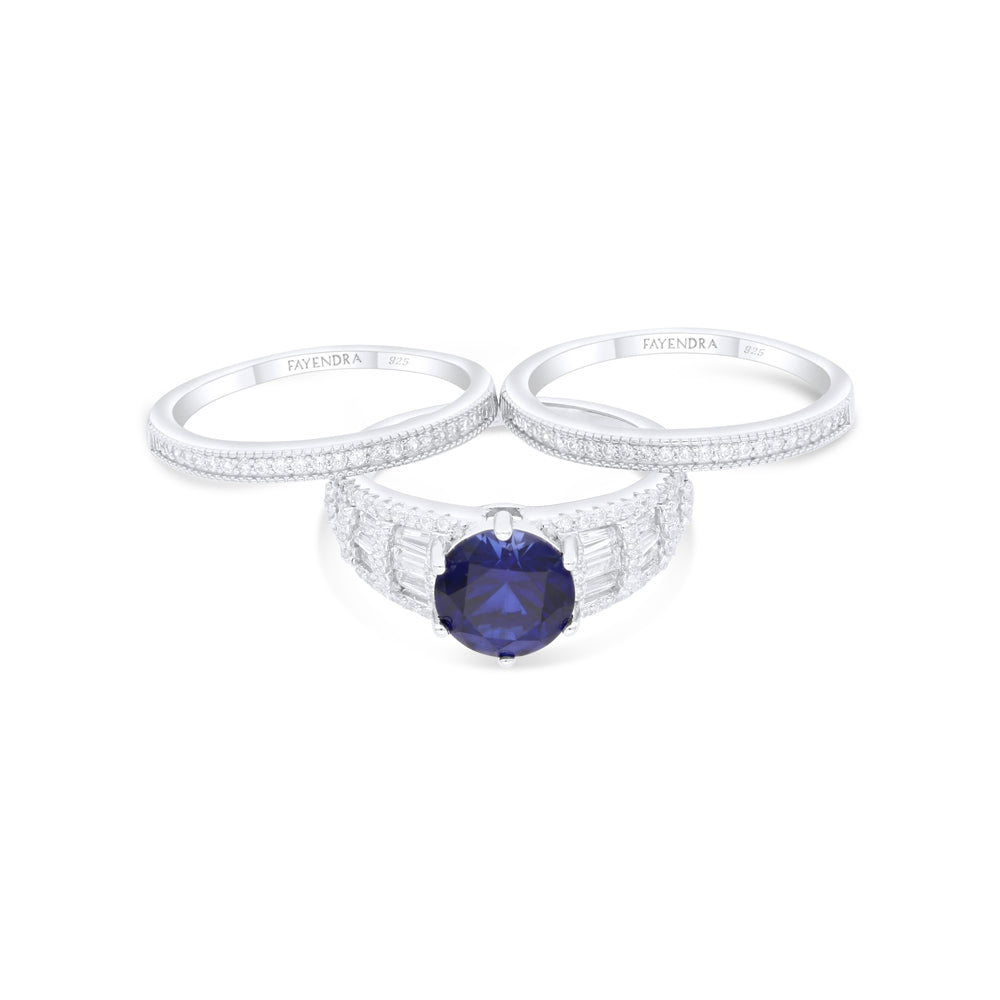 Sterling Silver 925 Ring (3pcs) Rhodium Plated Embedded With Sapphire Corundum And White Zircon