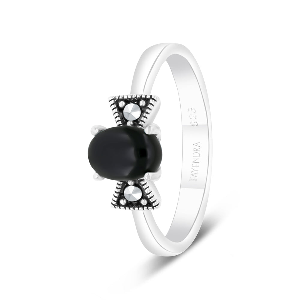 خاتم من الفضة الخالصة عيار 925 مرصعة عقيق اسود طبيعي و ماركسايت