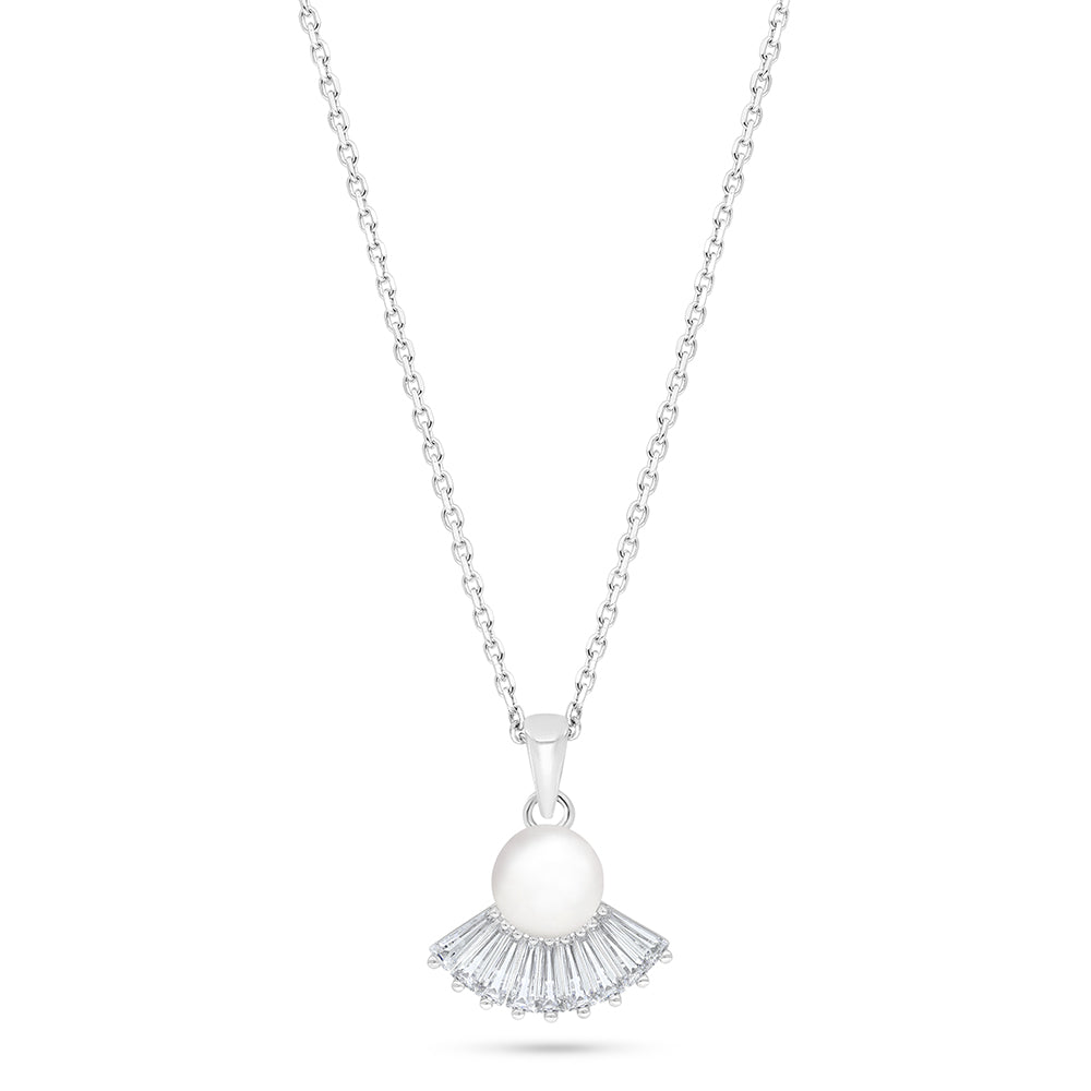 Sterling Silver 925 Necklace Rhodium Plated Embedded With Natural White Pearl And White Zircon