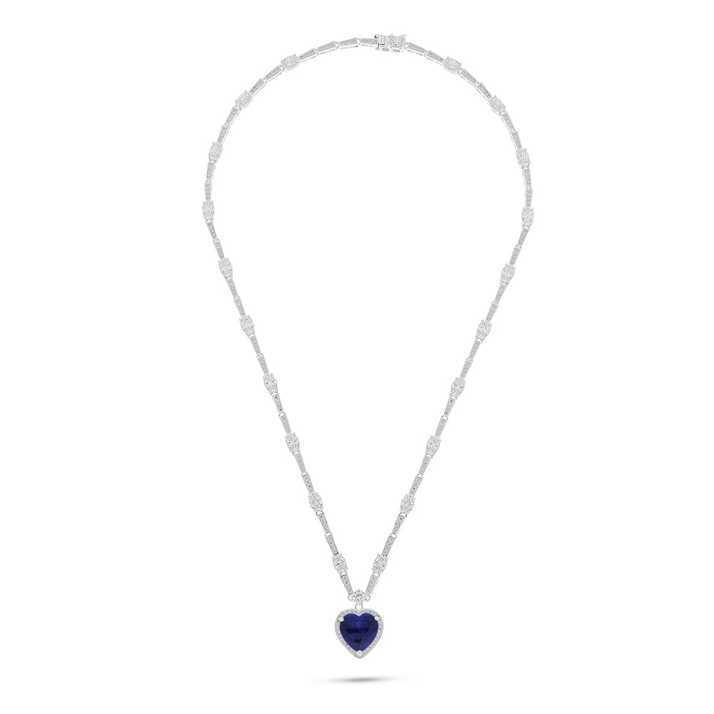 Sterling Silver 925 Necklace Rhodium Plated Embedded With Sapphire Corundum And White Zircon