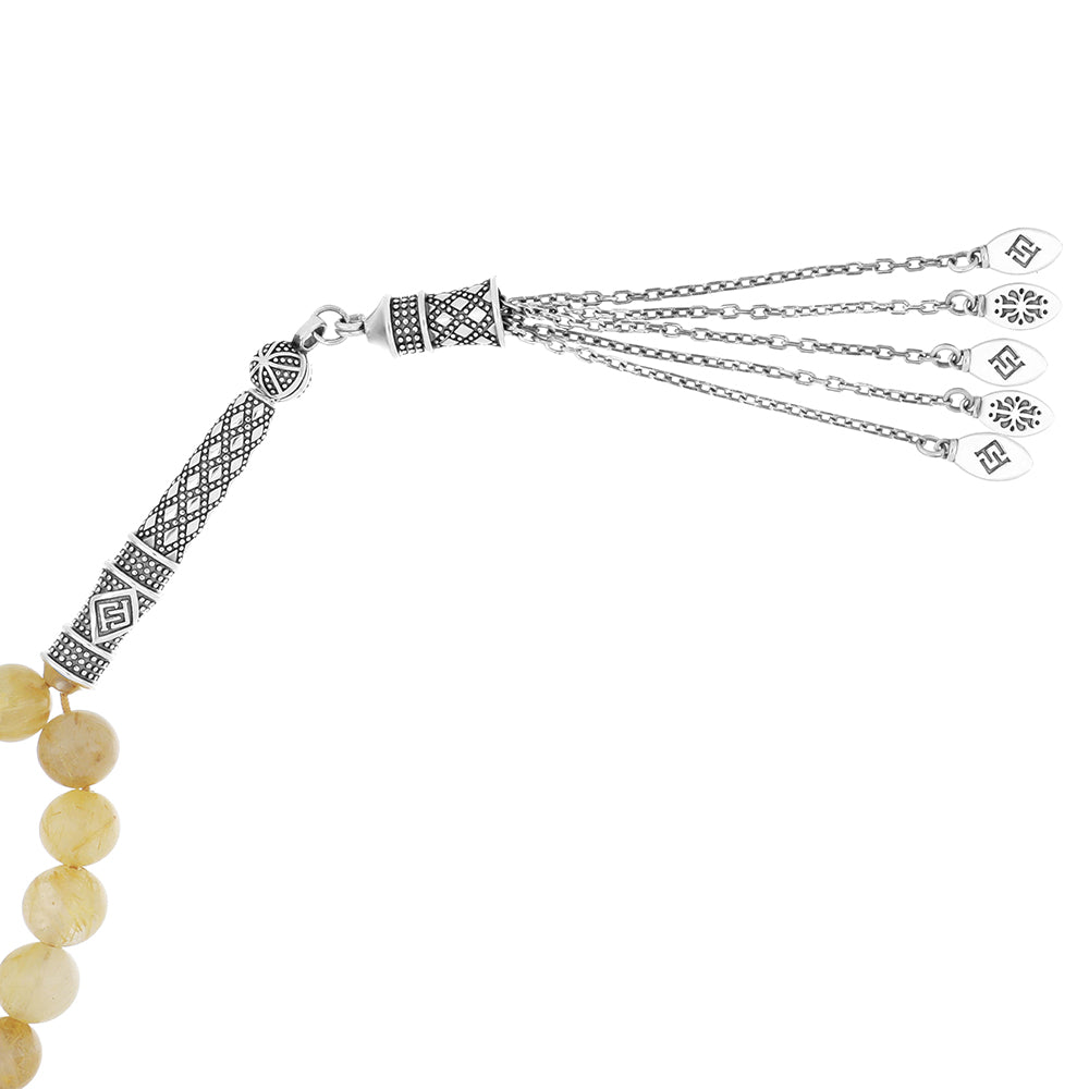 Natural rutile round bead rosary with intricate silver tassel and 33 handmade prayer beads.