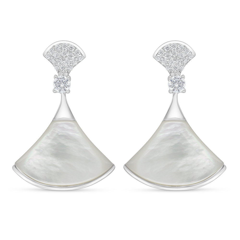 Sterling Silver 925 Earring Rhodium Plated Embedded With White Shell And White Zircon