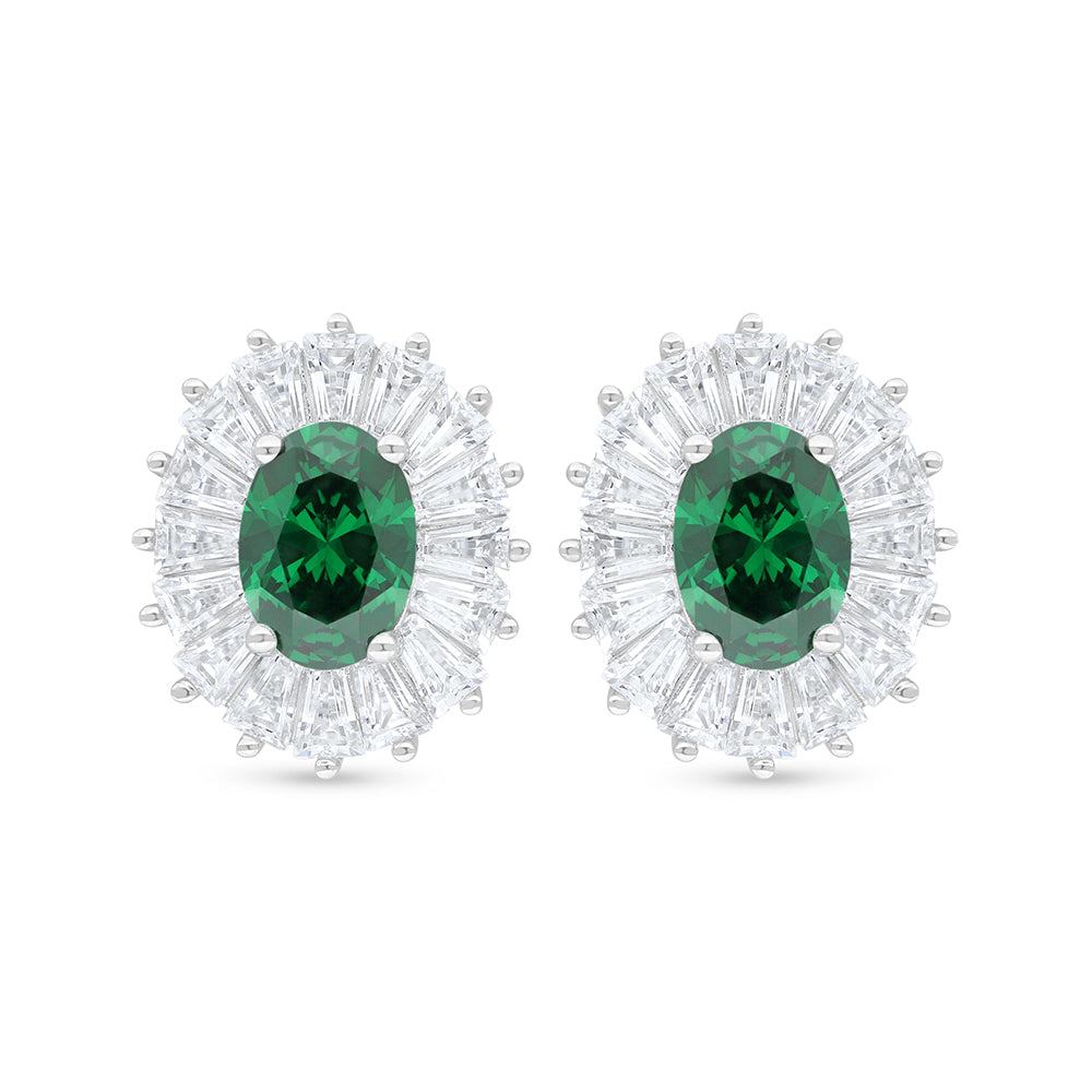 Sterling Silver 925 Earring Rhodium Plated Embedded With Emerald Zircon And White Zircon