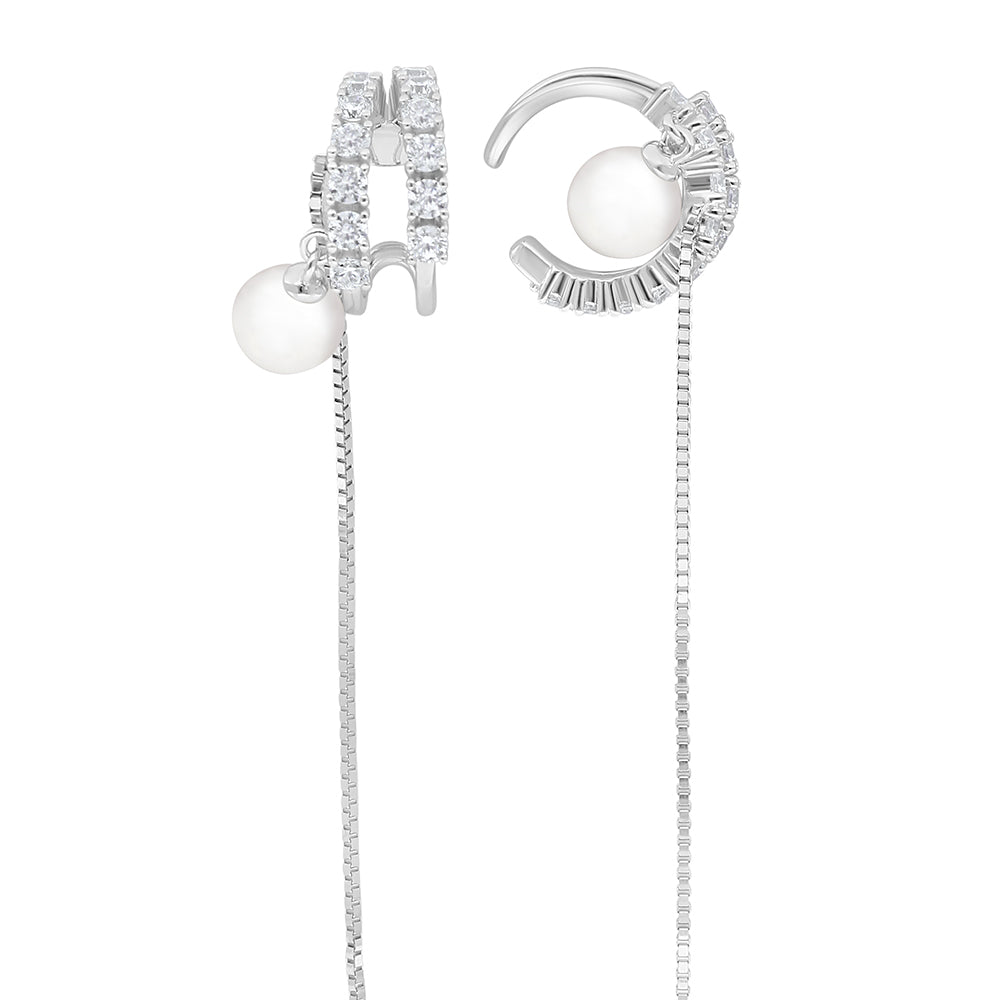 Sterling Silver 925 Earring Rhodium Plated Embedded With Natural White Pearl And White Zircon