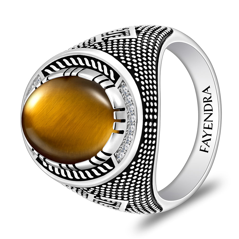 خاتم رجالي من الفضة الخالصة عيار 925 مطلي روديوم و اسود مرصع احجار عين النمر اصفر كابشون و فص ابيض