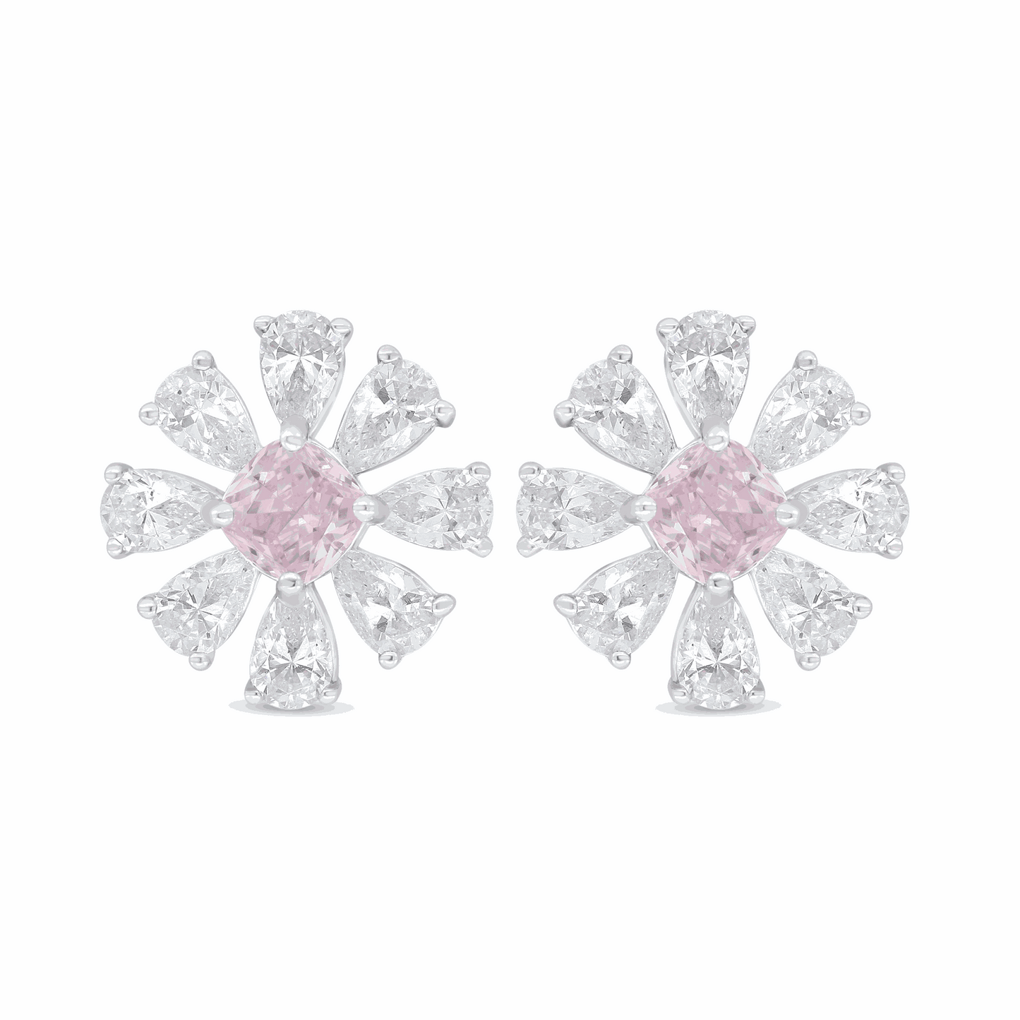 Sterling Silver 925 Earring Rhodium Plated Embedded With Pink Zircon And White Zircon