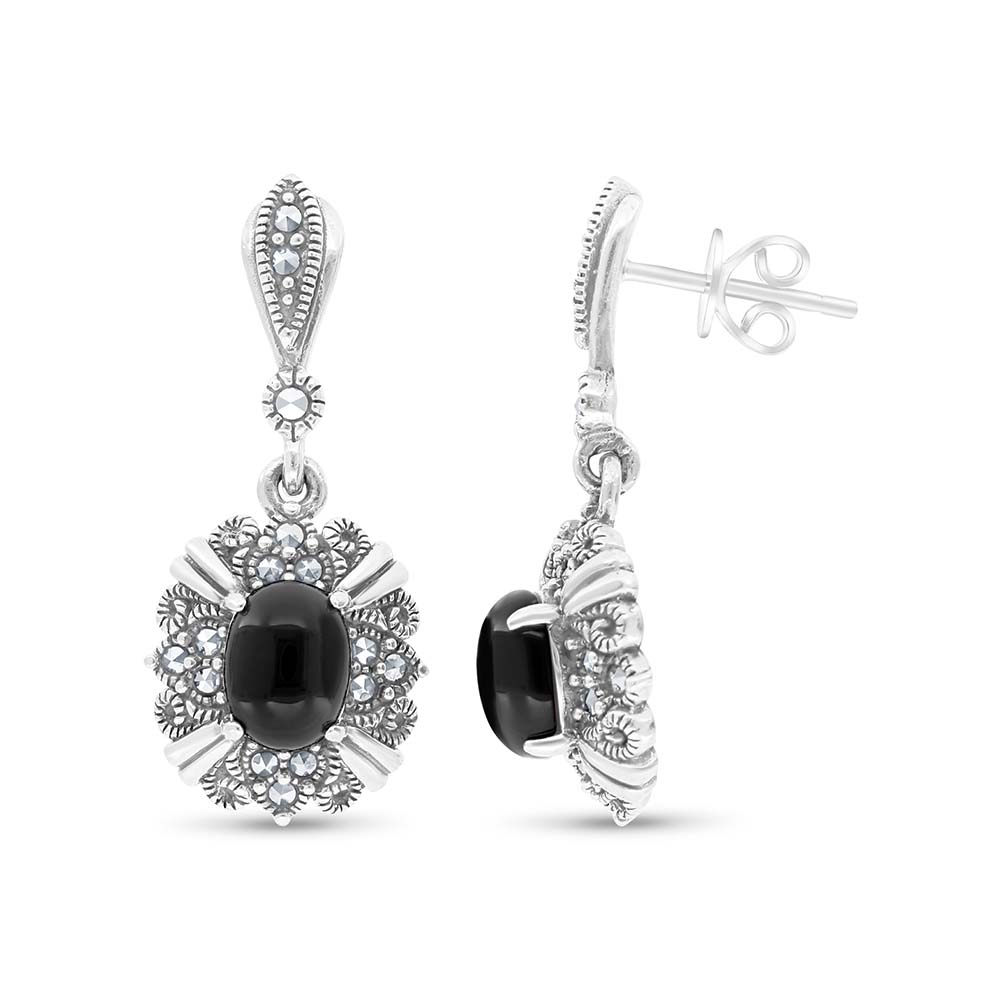 اقراط من الفضة الخالصة عيار 925 مرصعة عقيق اسود طبيعي و ماركسايت