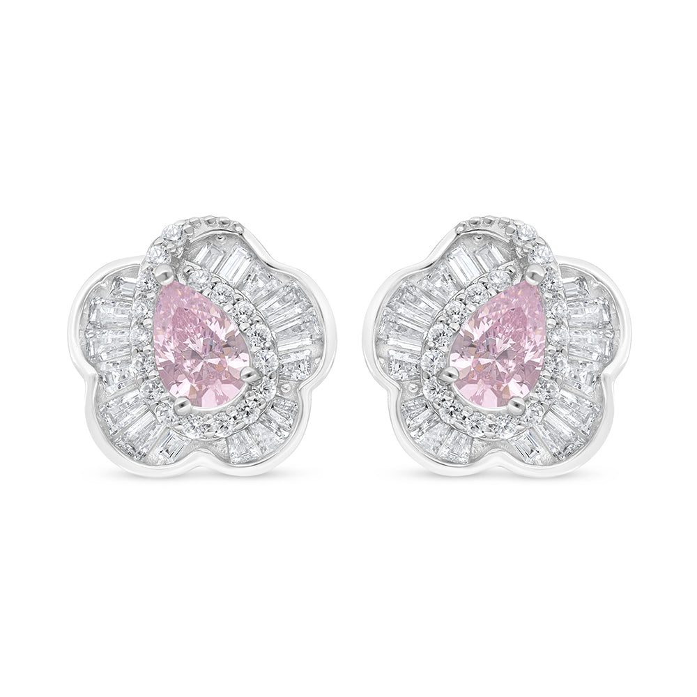 Sterling Silver 925 Earring Rhodium Plated Embedded With Pink Zircon And White Zircon