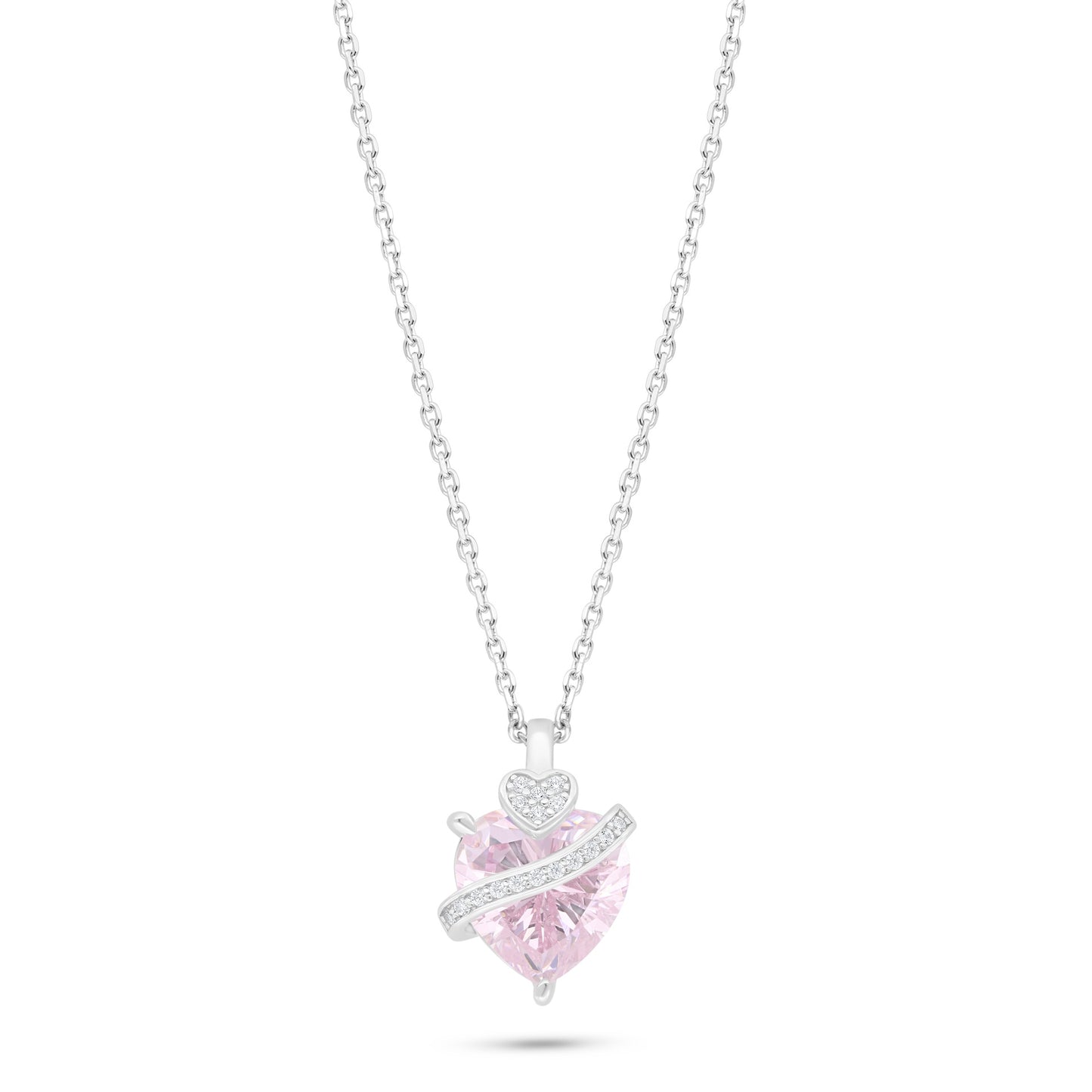 Sterling Silver 925 Necklace Rhodium Plated Embedded With Pink Zircon And White Zircon