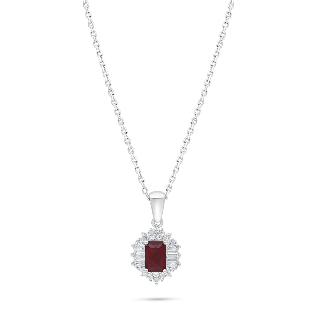 Sterling Silver 925 Necklace Rhodium Plated Embedded With Ruby Corundum And White Zircon