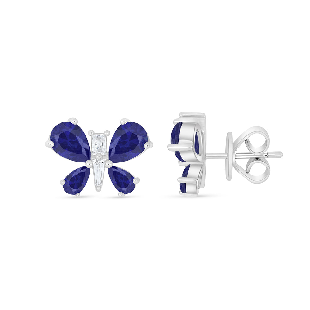 Sterling Silver 925 Earring Rhodium Plated Embedded With Sapphire Corundum And White Zircon