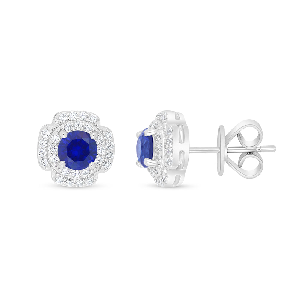 Sterling Silver 925 Earring Rhodium Plated Embedded With Sapphire Corundum And White Zircon