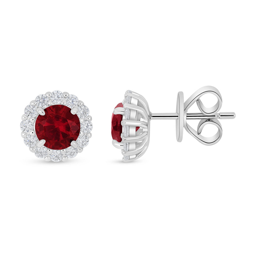 Sterling Silver 925 Earring Rhodium Plated Embedded With Ruby Corundum And White Zircon
