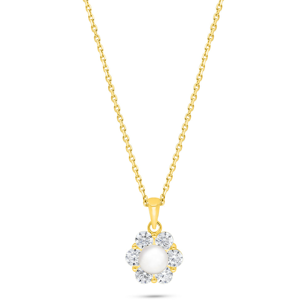 عقد من الفضة الخالصة عيار 925 مطلي ذهبي مرصع لولو ابيض طبيعي و فص ابيض