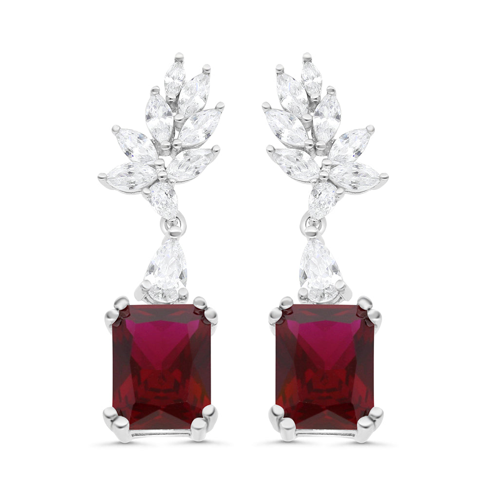 Sterling Silver 925 Earring Rhodium Plated Embedded With Ruby Corundum And White CZ