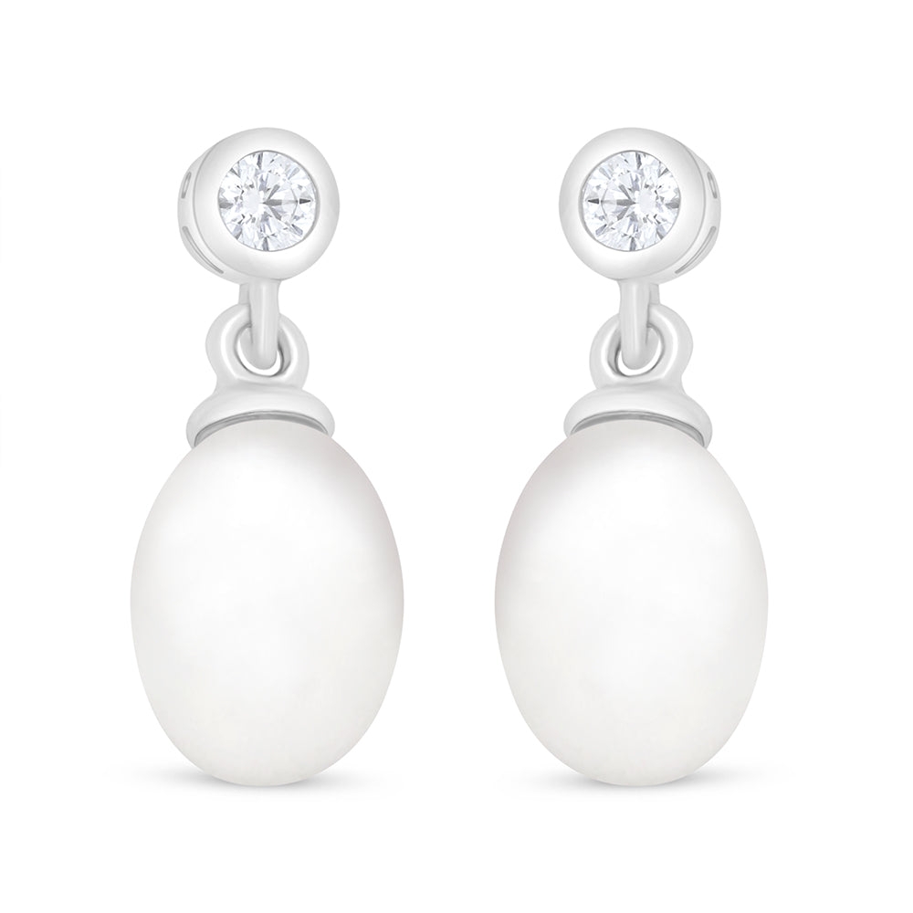Sterling Silver 925 Earring Rhodium Plated Embedded With Natural White Pearl And White Zircon
