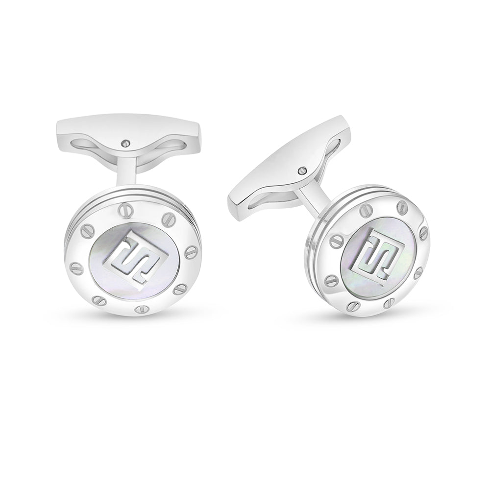 Stainless Steel Cufflink 316L Embedded With White Shell Matt Steel