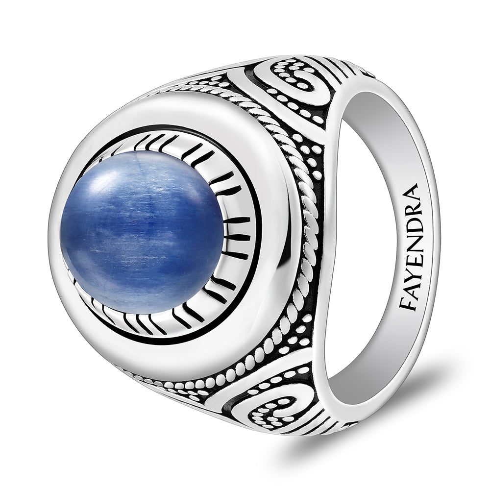 خاتم رجالي من الفضة الخالصة عيار 925 مطلي روديوم و اسود مرصع احجار كيانيت طبيعي كابشون