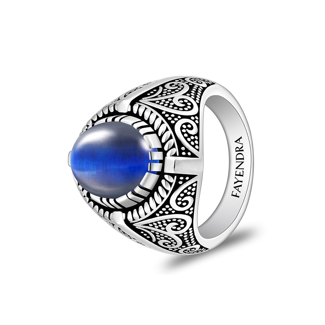 خاتم رجالي من الفضة الخالصة عيار 925 مطلي روديوم و اسود مرصع احجار عين النمر ازرق كابشون