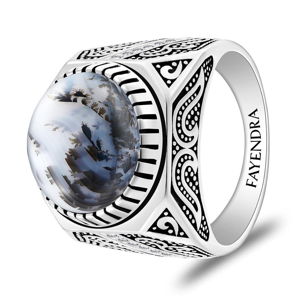 خاتم رجالي من الفضة الخالصة عيار 925 مطلي روديوم و اسود مرصع احجار عقيق مشجر طبيعي كابشون و فص ابيض